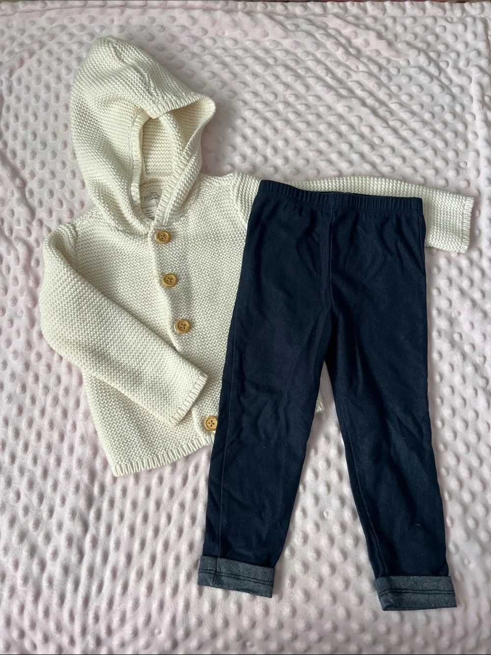 Kids Navy Leggings & thick Cable Knit Button Up Sweater - Unbranded